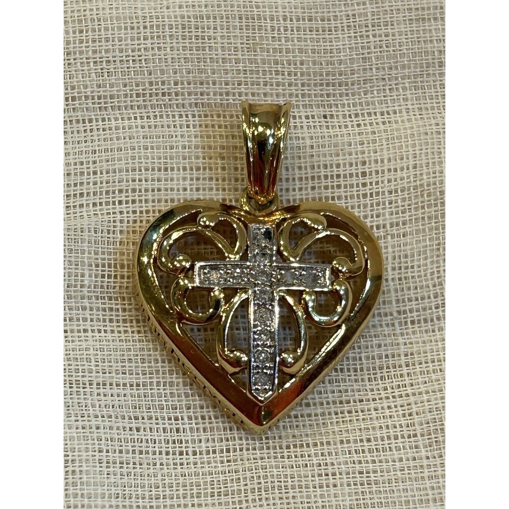 Diamond Cross Heart Pendant Lord’s Prayer Danbury Mint 925 Sterling Silver Gold